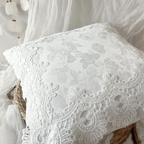 White Rose Jacquard Pillow Covers, Embroidered Lace Trim Throw