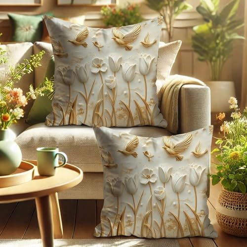 Spring Decorative Pillow Covers Set of 2, Cream and Gold Floral Throw