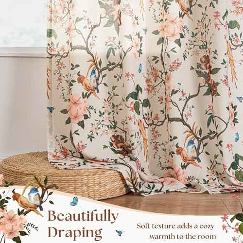 120 Inch Floral Bird Curtains for Living Room 2 Panels Set Sand Tan
