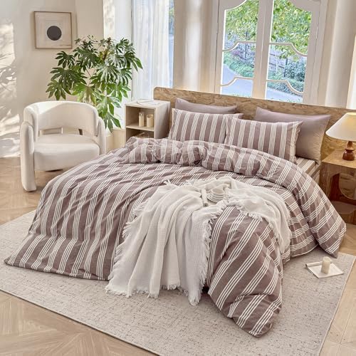 Striped Duvet Cover Set 100% Washed Cotton Linen Like Super Soft Chic