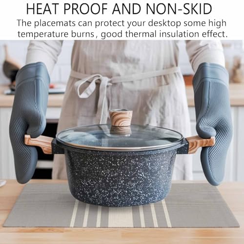 Placemats Set of 6, Beige Striped Cotton Linen Place Mats, Grey