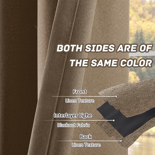 Brown 100% Blackout Linen Textured Curtains for Living Room, Bedroom