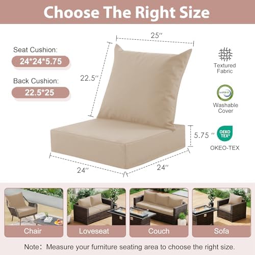 Outdoor Deep Seat Cushion Set, 24x24 Inch, Beige, Set of 4
