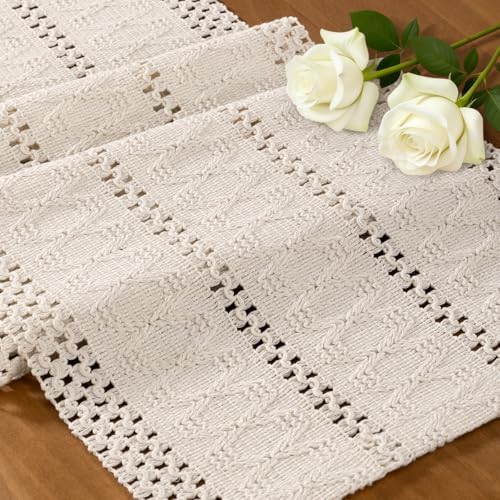 Ivory Boho Table Runner Farmhouse Macrame Woven Table Runner 12x36