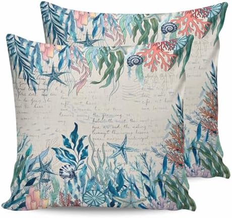 Coastal Green Seaweed Pillow Covers 20x20 Set of 2, Summer Beach Coral