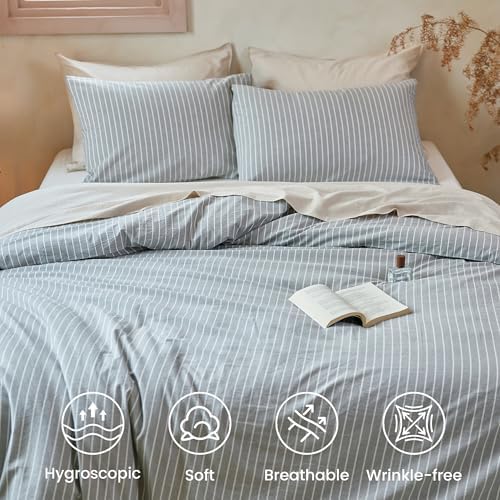 FALUCA 100% Washed Cotton Striped Duvet Cover Set King Size 3 Pieces