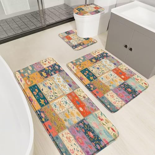 4 Pieces Bath Rugs Boho Floral Patchwork Vintage Country Multicolor