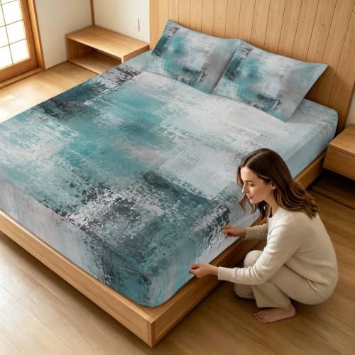 Queen Fitted Sheet Deep Pocket, Cyan Gray Graffiti Texture Soft