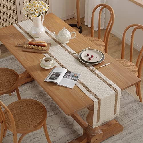 Boho Burlap Macrame Table Runner, Farmhouse Style Cotton Linen Rustic
