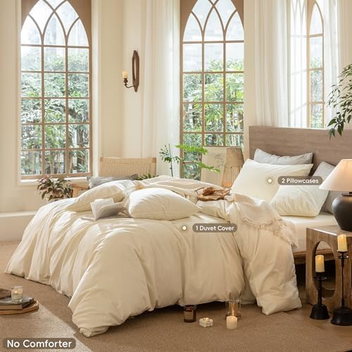 MooMee Jacquard Duvet Cover Set 100% Washed Cotton Linen Like King