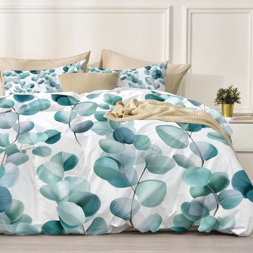 Duvet Cover Queen Size-Reversible Watercolor Eucalyptus Duvet Cover