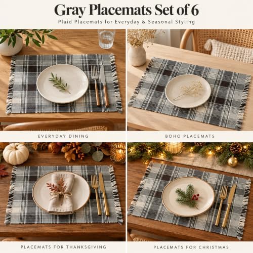 Woven Cotton Placemats Set of 6, Ribbed Fringe Table Mats for Dining