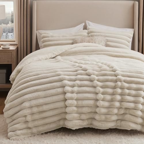 Bedsure Faux Fur King Comforter Set, Striped Fluffy Bedding Sets Beige