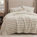 Bedsure Faux Fur King Comforter Set, Striped Fluffy Bedding Sets Beige