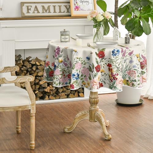 Horaldaily Spring Tablecloth 90 x 90 Inch Round Vintage Flowers Beige