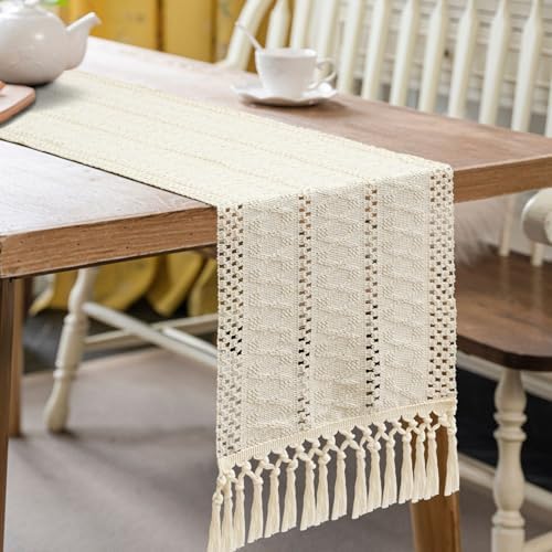 OTOSTAR Boho Table Runner Ivory Macrame Table Runners with Tassels