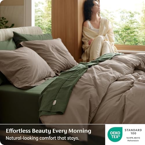 Bedsure PureWoven 100% Washed Cotton Duvet Cover Set, Queen Size, 3-PC