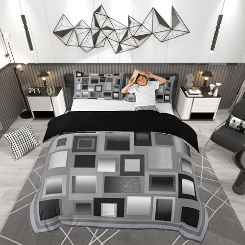 Castle Fairy Modern Duvet Cover Queen Size,Gray and White Square