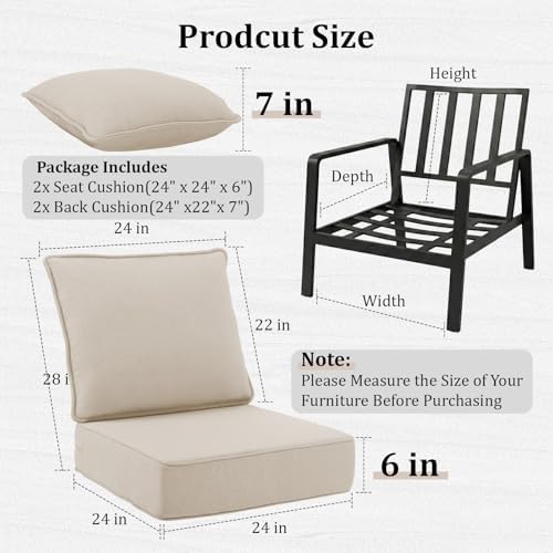 6" Thick Outdoor Chair Cushions, 24 x24 Inch Patio Furniture Cushions