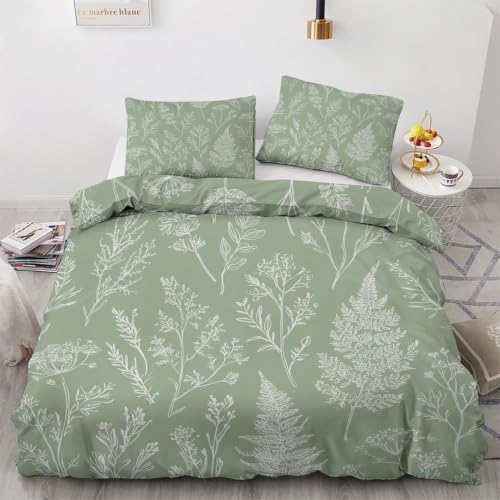 Sage Green Duvet Cover Queen Size, Botanical Bedding Set