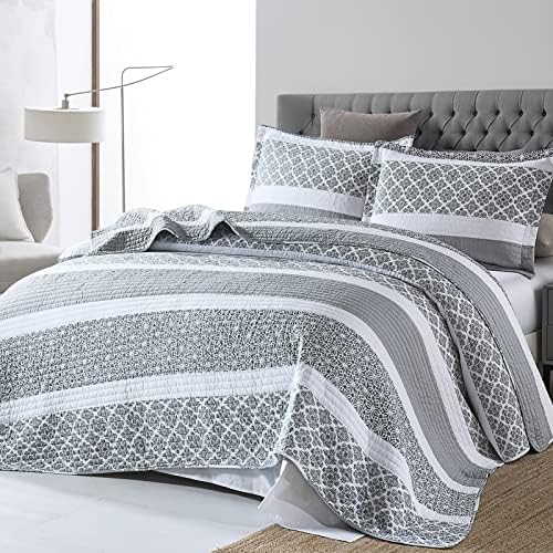 PERHOM 100% Cotton Queen Quilt Set, Bluish Gray Striped Bedding