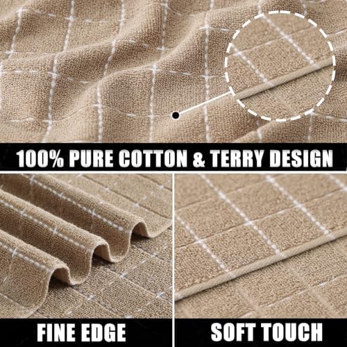 Mordimy Cotton Terry Checkered Dish Cloths, 12"x 12", 6 Pack, Tan