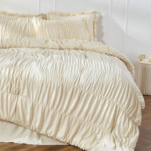 3 Piece Ruched Duvet Cover Set, Soft Microfiber Boho Textured Bedding