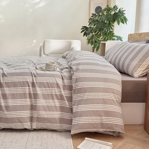 Striped Duvet Cover Set 100% Washed Cotton Linen Like Super Soft Chic