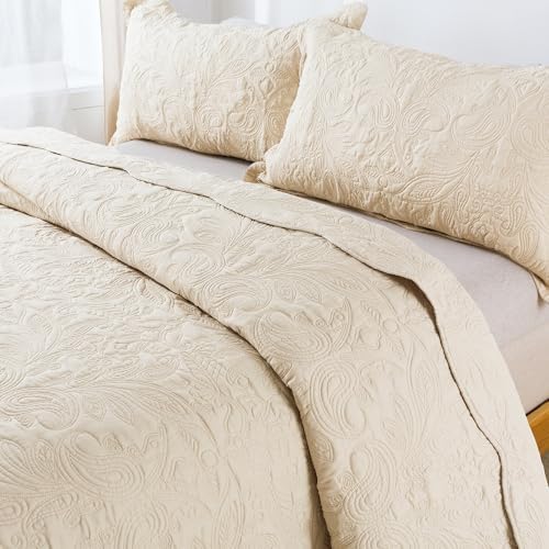 HoneiLife Quilt Set Queen Size - 3 Piece Embroidered Microfiber