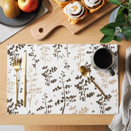Placemats Set of 8, Brown Beige Botanical Woven Placemat, Linen Place