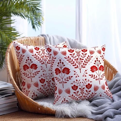 Nordic Folk Floral Throw Pillow Covers 18x18 Set of 2 | Red