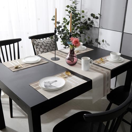 Brown Striped Table Runner and Placemats for Dining Table, Burlap