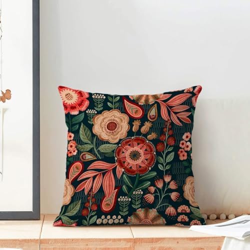 Boho Floral Pillow Covers 18x18 Set of 2, Spring Red Flower Outdoor