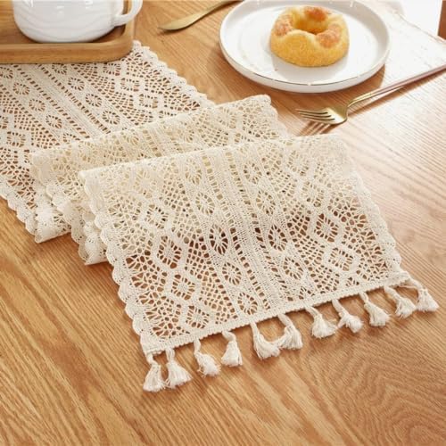 Gemseek 90 Inch Boho Crochet Table Runner, Beige Cotton Lace Table