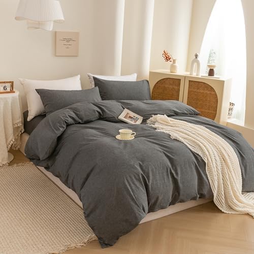 ECOCOTT Cotton 3 Pcs Duvet Cover Set Linen Feel Dark Grey Queen Size