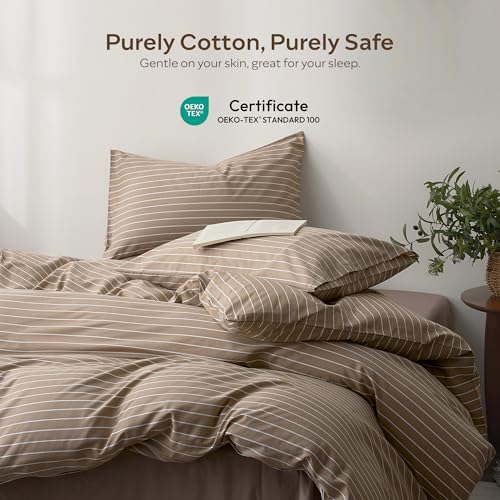 JELLYMONI 100% Cotton Wide Striped Queen Duvet Cover Set, White/Tan