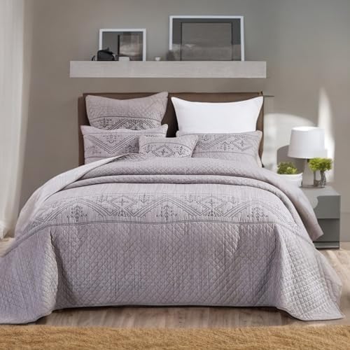 DaDa Bedding Twin 2-Piece Quilt Set, Heather Grey Embroidered