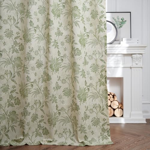 jinchan Green Floral Linen Curtains 84 Inch Vintage Back Tab 2 Panels
