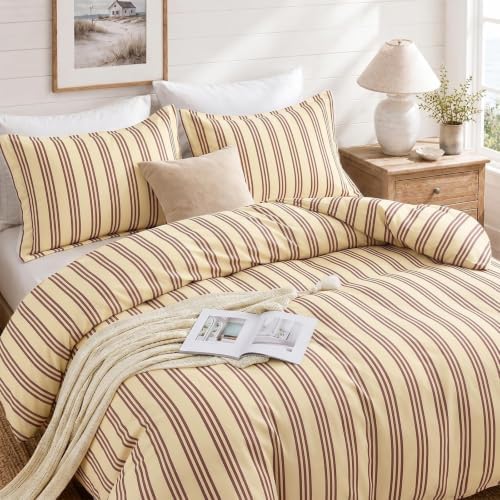 JOLLYVOGUE Striped Duvet Cover King, Brown Duvet Cover with Red