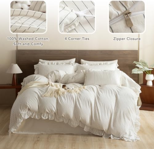 QSH White Dark Grey Wide Stripes Ruffled Duvet Cover Set King