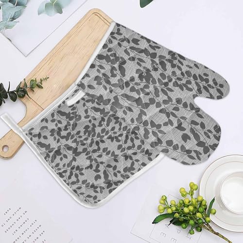 Quilted Cotton Terry Cloth Oven Mitt, Pot Holder Plant Leaves Gray