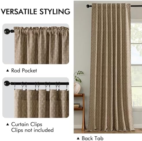 MIULEE Patterned Farmhouse Linen Curtains, Back Tab, 52Wx96L, Brown