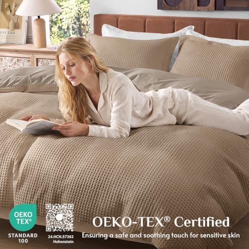 JOLLYVOGUE Waffle Wave Duvet Cover Set Queen Size, 3-Piece, Mocha