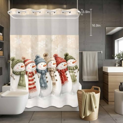 No Hook Christmas Snowman Shower Curtain with Snap in Liner Set, Xmas