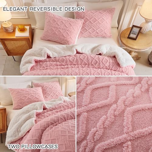 Joyreap 3-Piece Fluffy Faux Fur Sherpa Comforter Set Pink, Queen Size