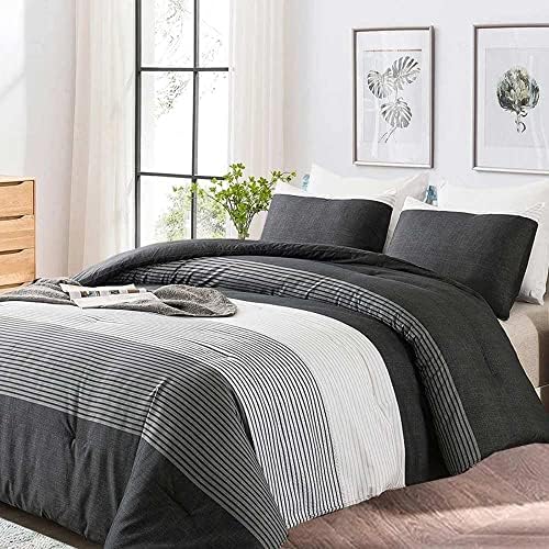 Faincy King Comforter Set, Grey & Black Patchwork Stripe Pattern Print