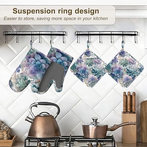 Succulent Botanical Floral Oven Mitts and Pot Holders Sets of 4, Heat