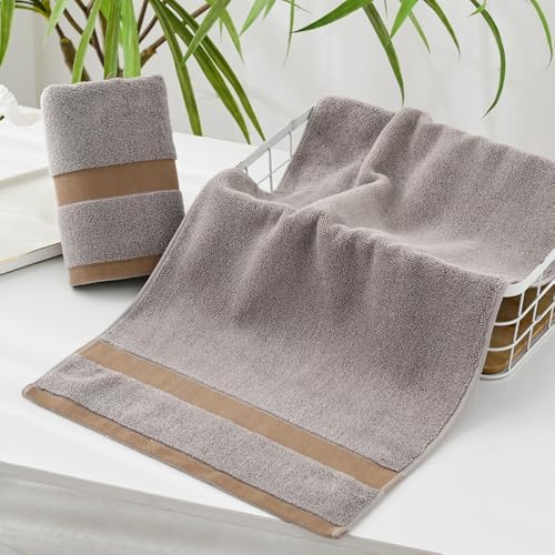 YiLUOMO Brown Hand Towel Set of 2 with Classic Woven Band Soft 100%