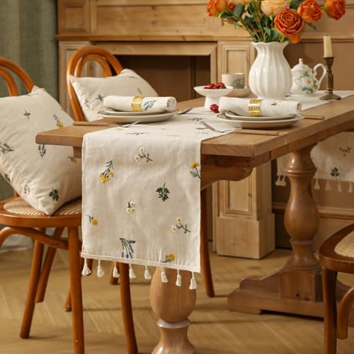 Boho Daisy Embroidered Linen Table Runner with Tassels Set of 1 Runner