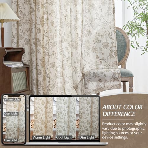 Vangao Taupe Floral Linen Curtains Farmhouse Jacobean Vine 84L 2
